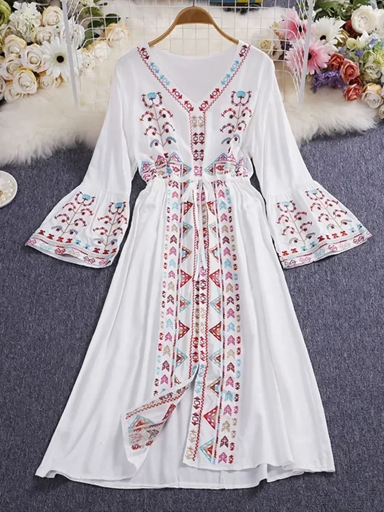 

V-neck Drawstring Trumpet Sleeves Ethnic Style Thin Waist Long Dresses LL040 Summer Women's Dress Heavy Industry Embroidery