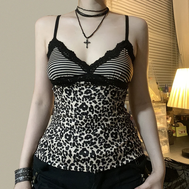 SUCHCUTE Leopardenmuster Schlank Sexy Leibchen Y2K Vintage 2000er Jahre Spitze Patchwork V-Ausschnitt Spaghettiträger Tank Top Damen Sommerweste Neu