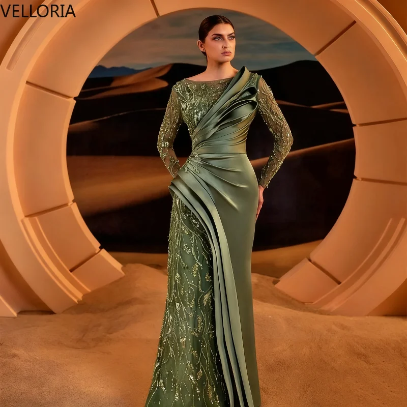 

Elegant Green Satin Lace Evening Dress Long Sleeved Mermaid Ball Gown Formal Party Dress Vestdos De Fiesta Customized