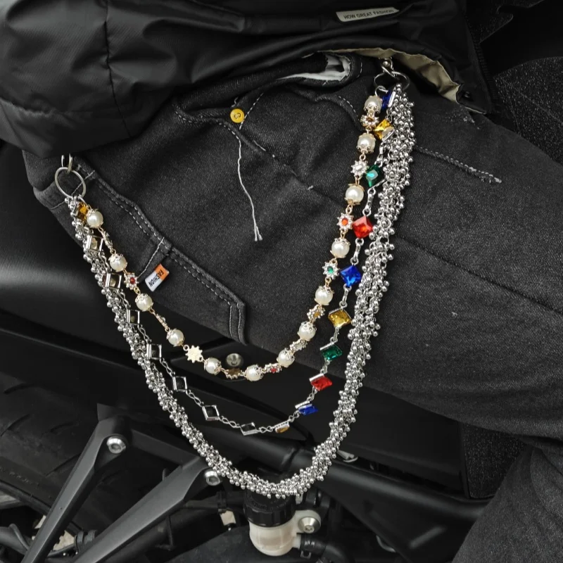 2025 New Model Pearl Pants Chain Three Layers Locomotive Chain Fashionable Men And Women Hip Hop Accessories Retro Keychain