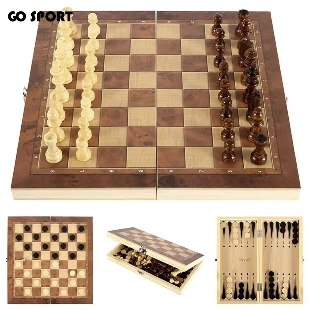 

3-in-1 Chess&Backgammon&Checkers Set Wooden Foldable Board Games Set Improve Intelligence Portable International Chess Game