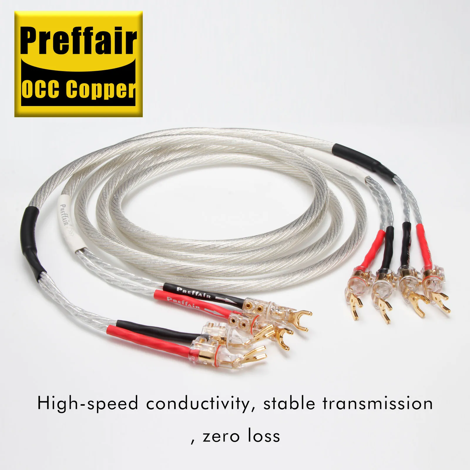 

Пара акустических кабелей OCC с серебряным покрытием, провод для сабвуфера с изоляцией из PTFE, разъемы типа «банан» для колонок, CD-плееров и усилителей.