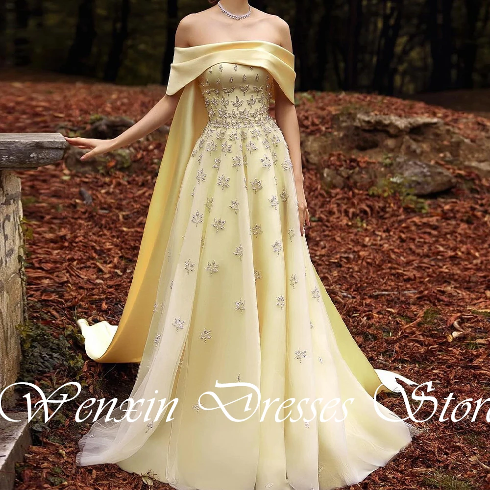 luxury and Exquisite Beading Crystal Yellow Satin Evening Dress Elegant Strapless Off the Shoulder Watteau Train Sleeveless Gown