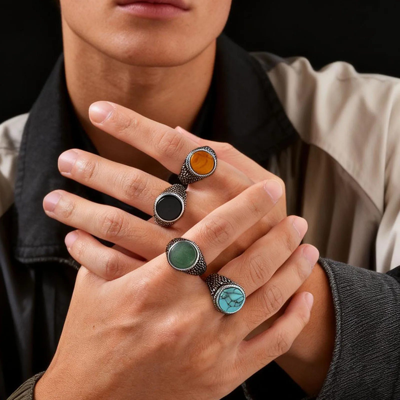 Punk Vintage Ethnic Rings for Men,Stainless Steel Natural Stone Scale Ring,Round Stone Signet Ring Gift for Husband Dad Son