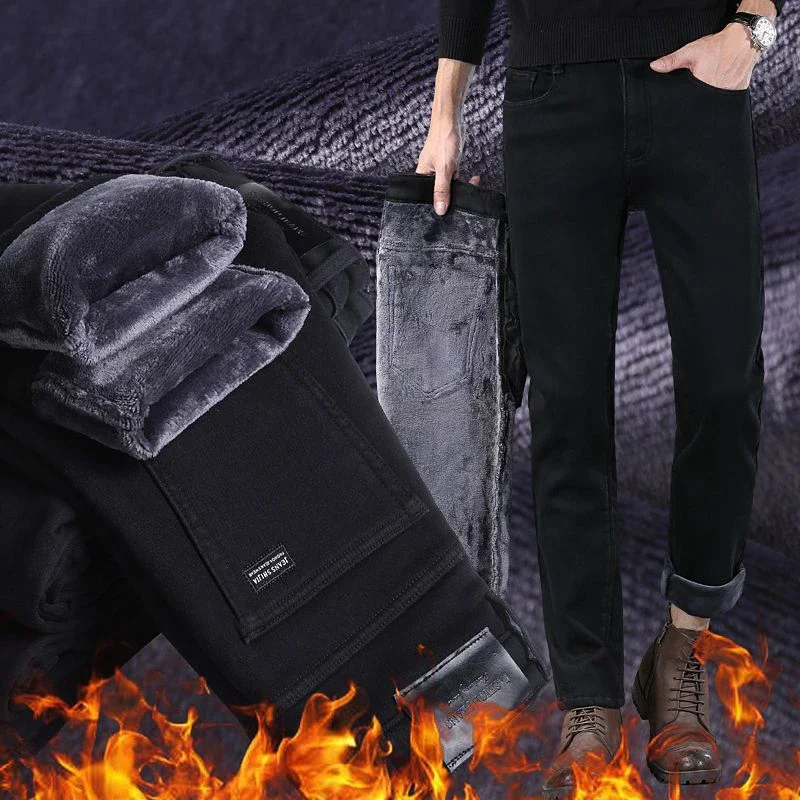 Men Fleece Lined Straight Jeans Male Winter Warm Denim Pants Elasticity Comfortable Casual Loose Thickened Black Trousers