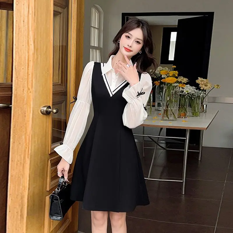 French Style Anti-aging Shirt Fake Two Piece Slimming Early Spring Dress Small and Stylish Patchwork Black Dress