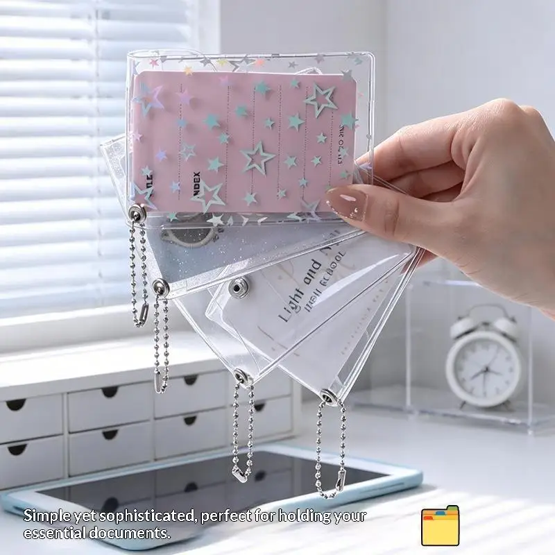 Transparent PVC Card Holder Glitter Star Design Snap Button Keychain For Kpop Photocards ID Cards Daily Use