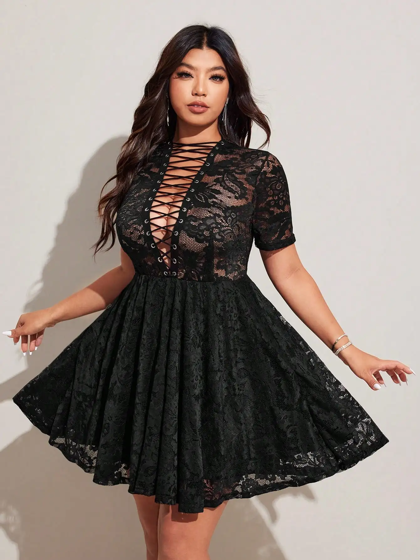 

Black Lace-Up Deep V Neck A-Line Mini Dress with Sheer Floral Pattern
