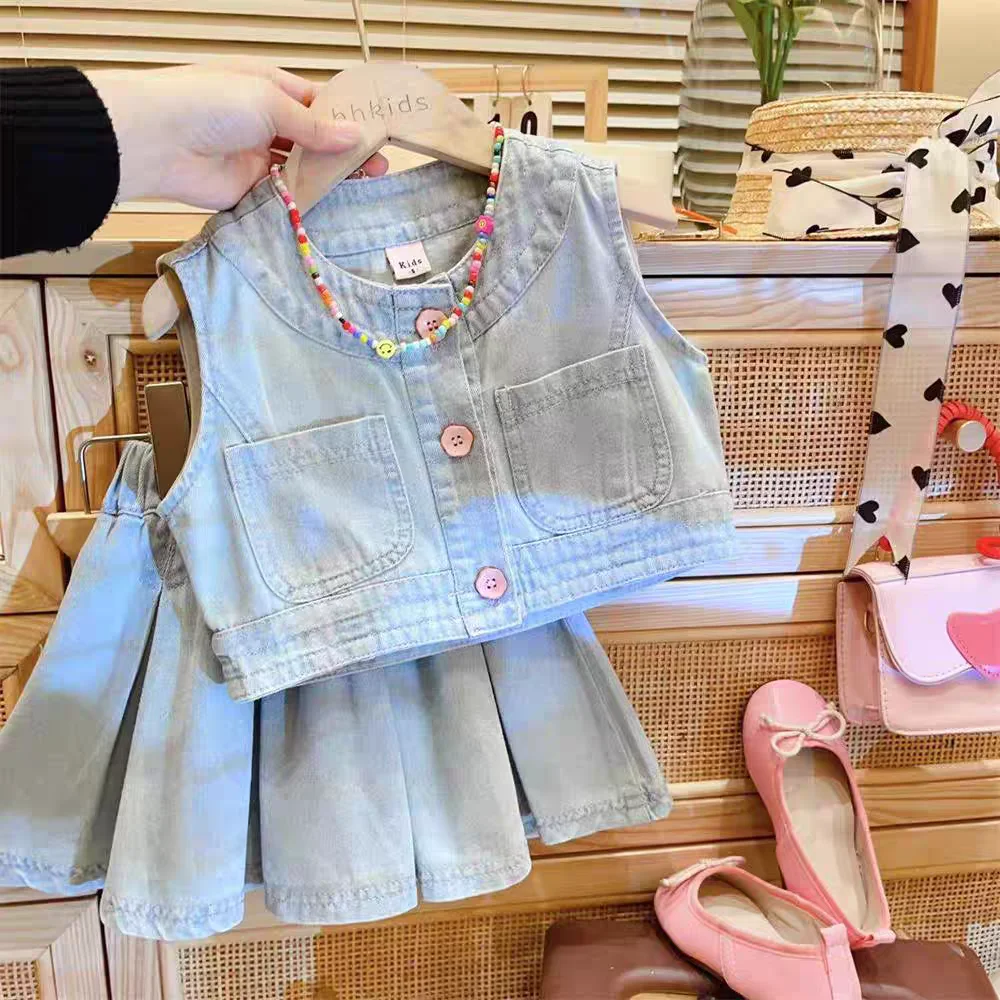 

Girls Denim Clothes Sets Spring Autumn Kids Jackets+Skirt Fashion Long Sleeve T-shirt Korean Children Casual Costumes Suits 2-7Y