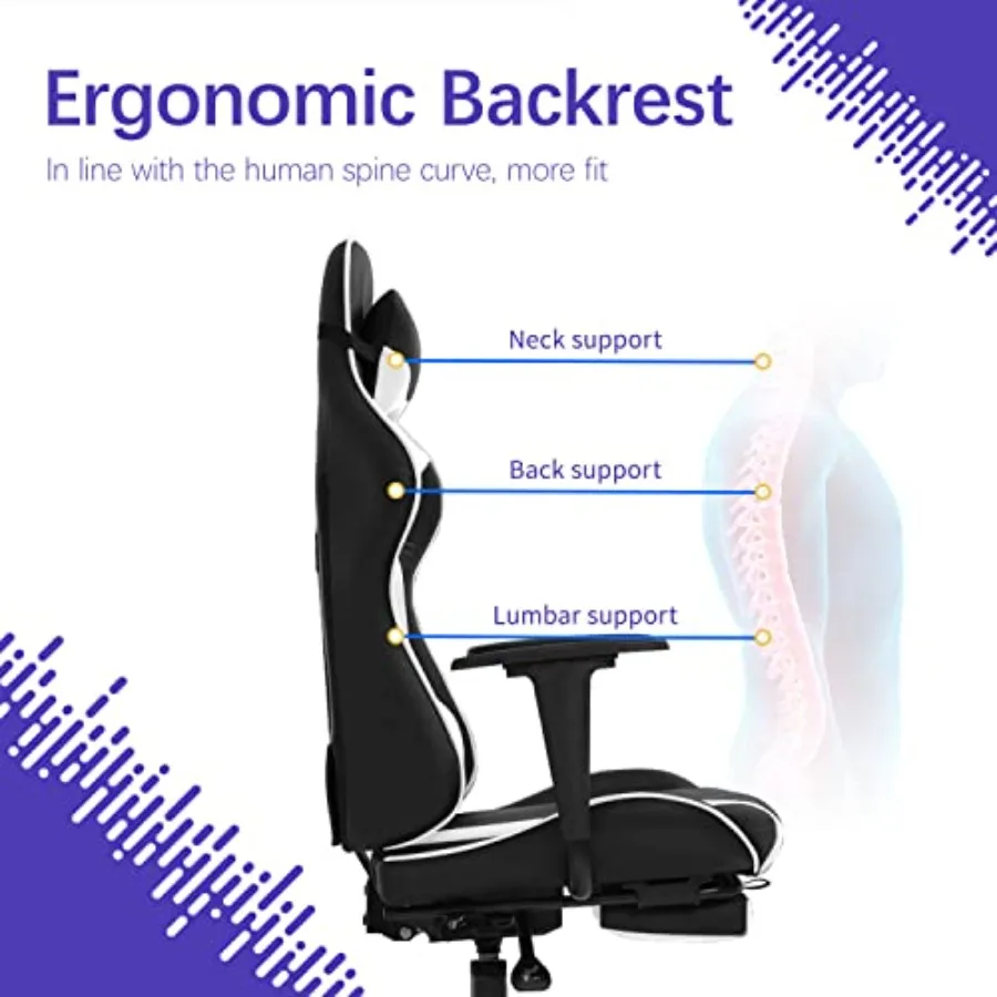 Gaming Chair for Home Office: Ergonomic Racing Style Computer Chair in White with Adjustable High Back, Footrest, Headrest, and view 5