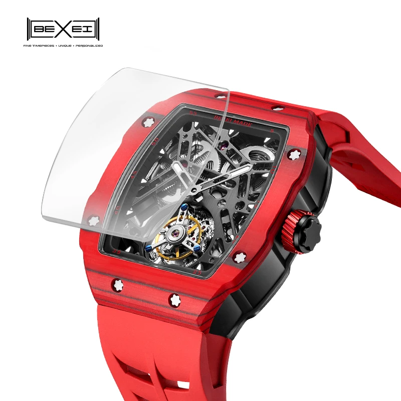 BEXEI ألياف الكربون توربيون حركة رجل ساعة دليل تحلق توربيون الميكانيكية الفاخرة الهيكل العظمي ساعات رجالية 9089 #2