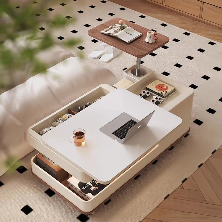 Movable advanced light luxury multi-functional medium and ancient style lifting rock slab coffee table desk