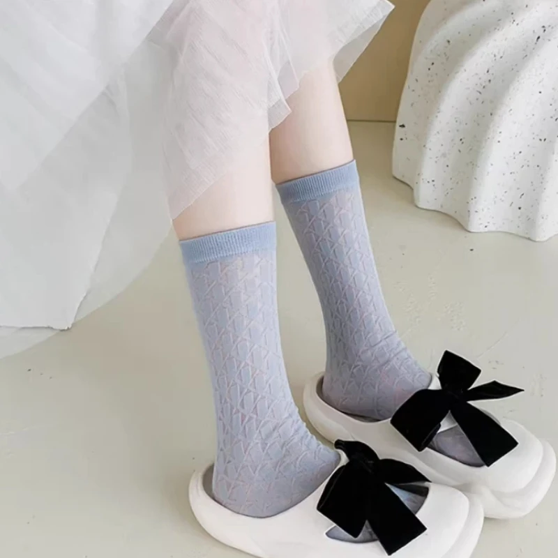 Sweet Children Dopamine Color Kids Mid-Calf Socks Style Square Mesh Breathable Fabric Elastic Soft Comfortable Lightweight Socks