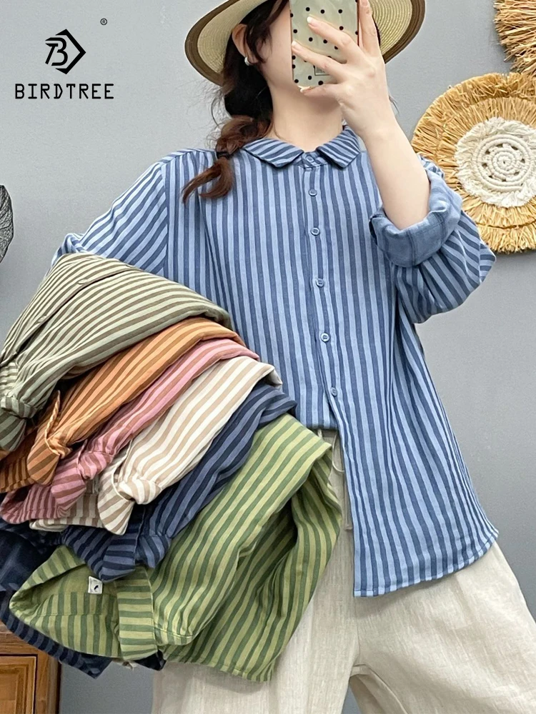 

New 2026 Spring Women Cotton Yarn Long Sleeve Shirt, Turn-down Collar Striped, Mori Girl Casual Soft Thin Loose Blouse T63661CC