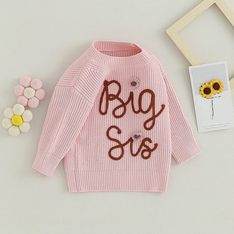 Toddler Baby Girl Knit Sweater Big Sister Letter Embroidery Sweatshirt Long Sleeve Pullover Tops Winter Clothes