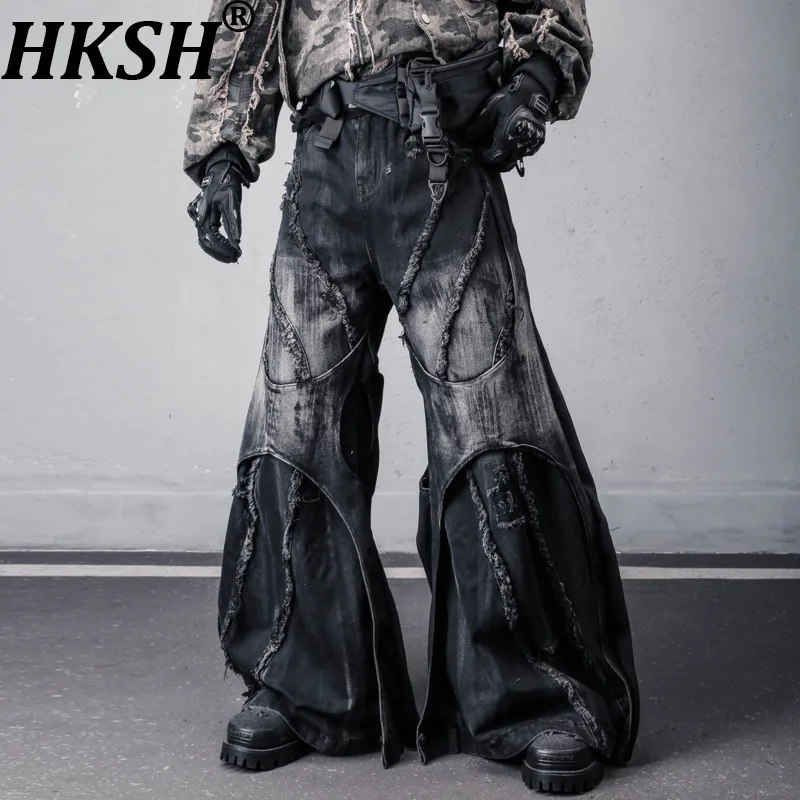 

Мужские джинсы HKSH Waste Land Heavy Distressed с эффектом потертости, имитация двухслойности, темные, в стиле панк, ретро, расклешенные, широкие штанины, HK20183