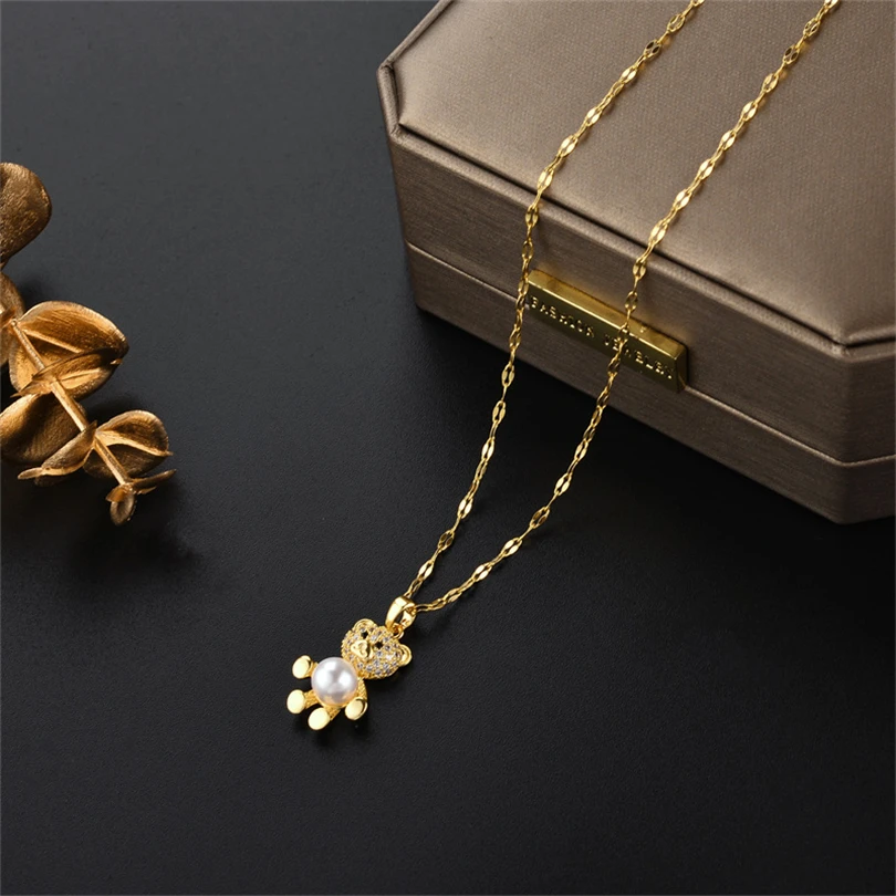 New Lovely Bear Pendant Stainless Steel Necklaces For Women Sweet Cute Female Daily Wear Clavicle Chain Jewelry Girl Party Gift