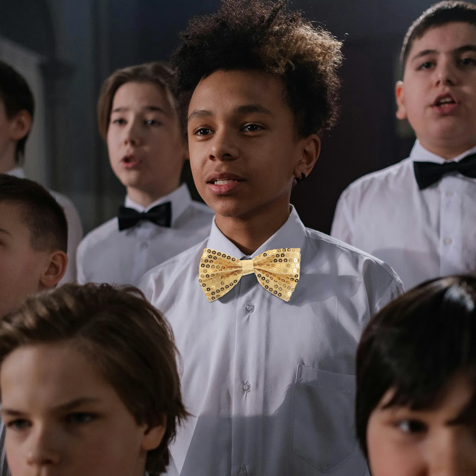 

5Pcs Boys Bow Tie Silver Sequin Pre-Tied Adjustable Stage Graduation Wedding Costume Bow Ties Costume Tie