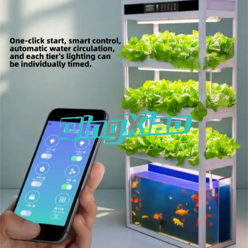 Intelligent Aquaponics System With LED Light Planting Rack Cabinet For Balcony Household Soilless Vegetable And Fish Cultivation