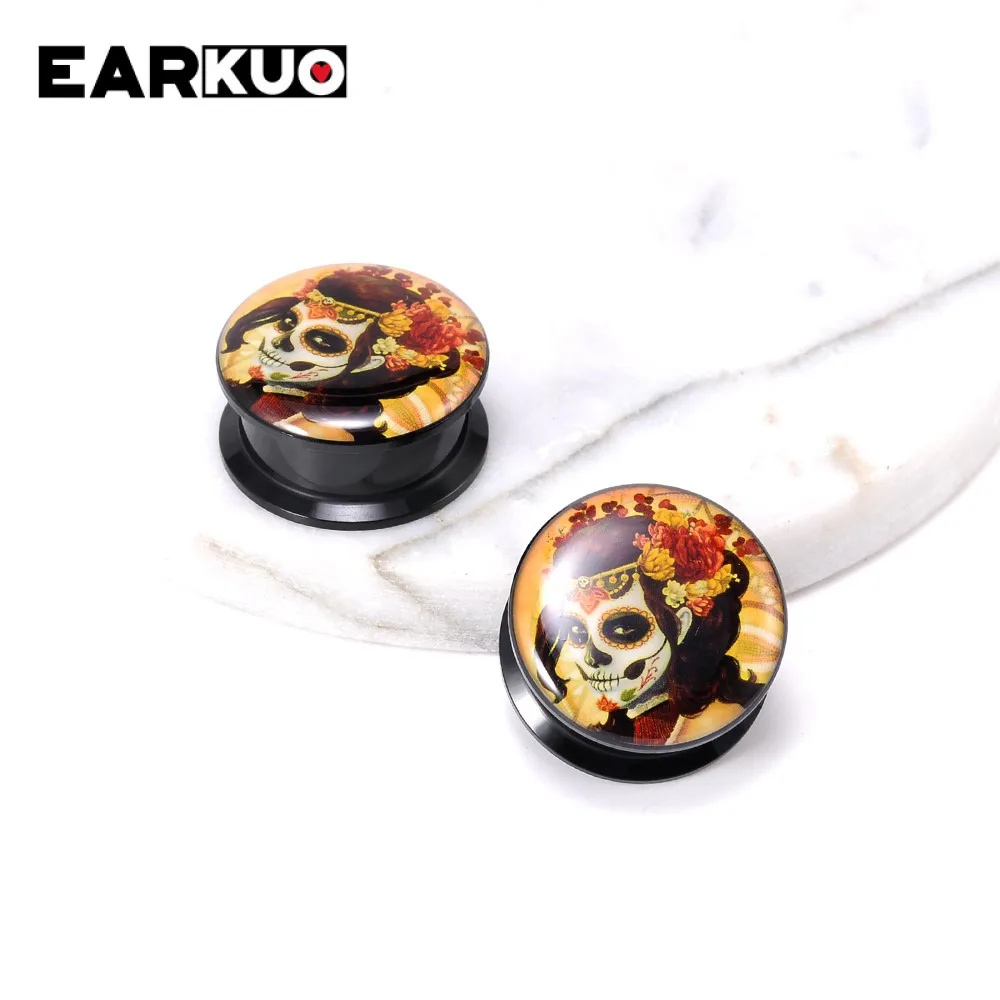 EARKUO Fashion Acrylic Skull Girl Ghost Whale Ear Plugs Body Piercing Jewelry Tunnels Earring Gauges Expanders Stretchers 2PCS