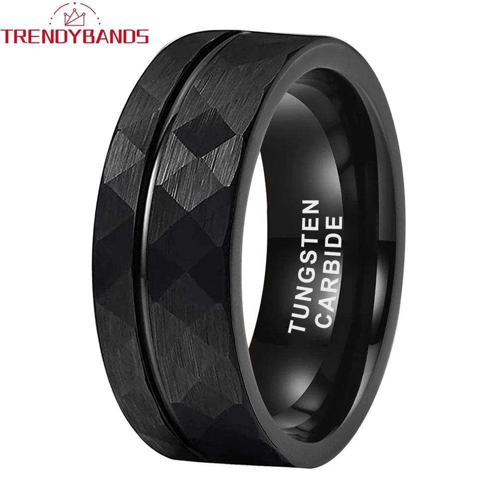 Rings for Men Women Wedding Band Black Tungsten Carbide Engagement Fashion Jewelry Hammered Brushed Finish Comfort Fit