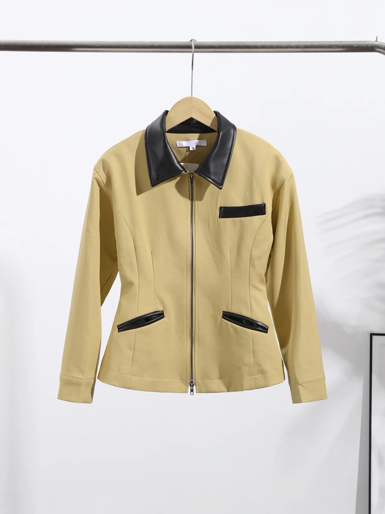 

Street Khaki Patchwork Coat Women Turn-down Collar Long Sleeve Zipper Pocket Slim Coats 2025 Autumn Fashion Lady Outwears