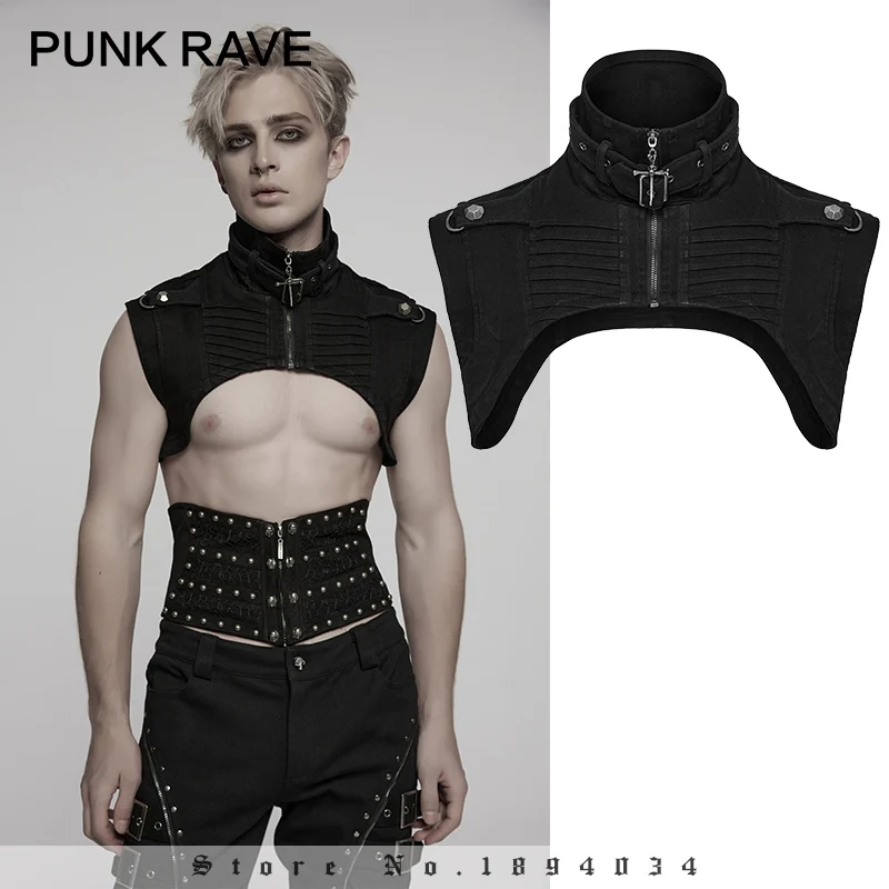 PUNK RAVE Men's Punk Stand Collar Unique Silhouette Denim Ultra Short Vest Front Pleats Create Studs Handsome Top