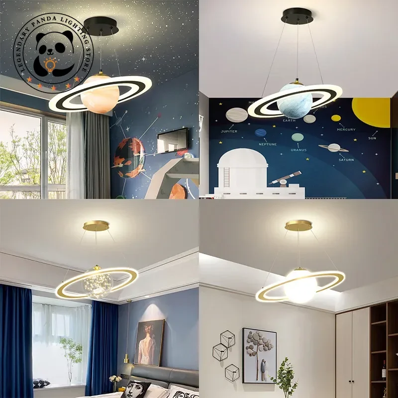 Luces colgantes creativas modernas, pantalla de lámpara circular de Planeta, candelabros de techo para habitación de niños, accesorios de decoración de arte para interiores