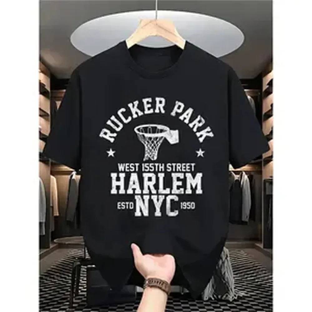 Camiseta de Baloncesto de Algodón Grueso para Hombre - Diseño Gráfico Vintage Harlem NYC & Rucker Park, Estampado Harlem 1920-1960, Camiseta Preencogida con Cuello Redondo para Uso Casual, Deportes, Regalo de la Cultura Harlem (Tallas S-XXXL)