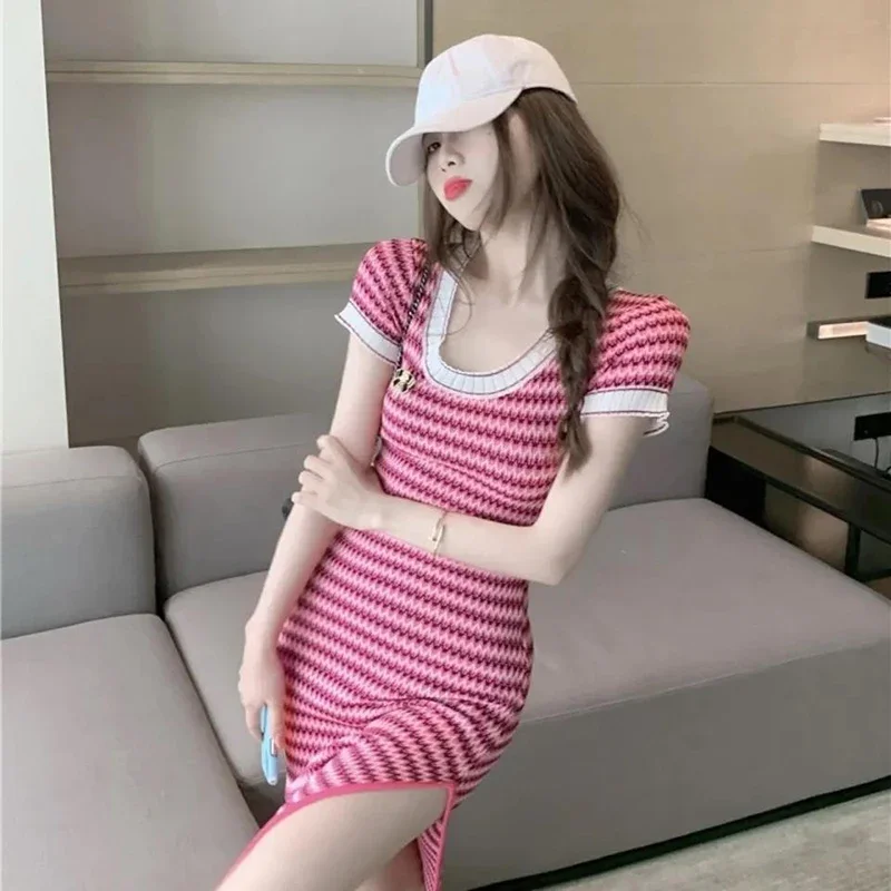 

Striped Knit Dress Summer Sexy Slim Short Dress Casual Streetwear Y2k