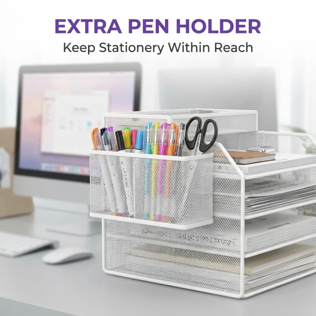 

Multifunctional Desk Document Holder–4-Tier Vertical Storage with Side Hooks, Small Footprint, Rustproof&Easy Ventilation
