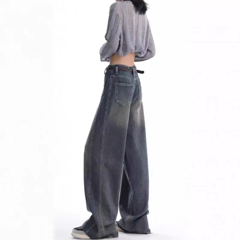 American High Street Vintage Do Old Wide-leg Jeans Women Fall 2024 New Mid-high Waist Fashion Slimming Mops Ins Women's Pants