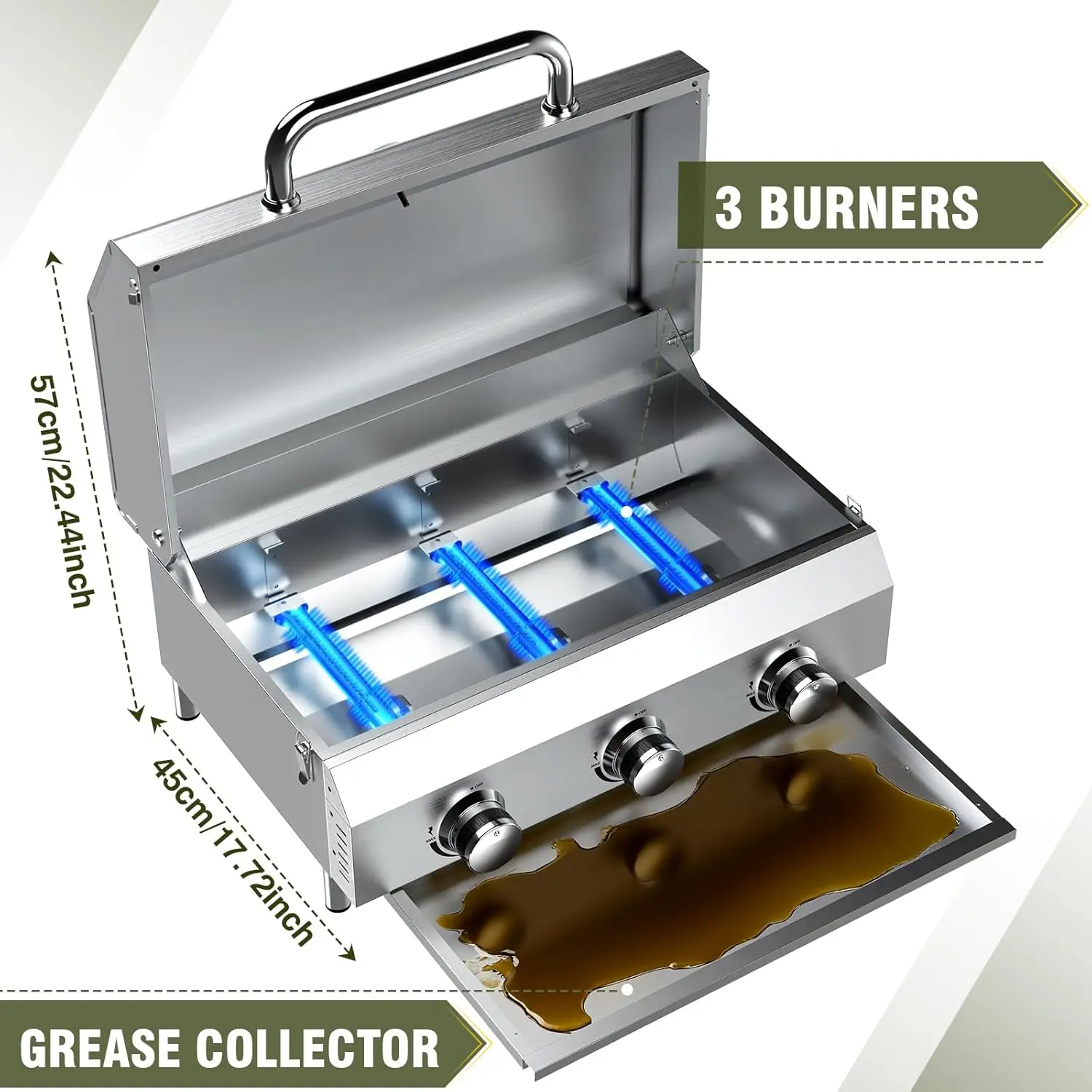 3-Burner Tabletop Gas Grill, 30,000 BTU Portable Propane Grill with Heavy-Duty Thickened Grates & Stainless Steel, Customized