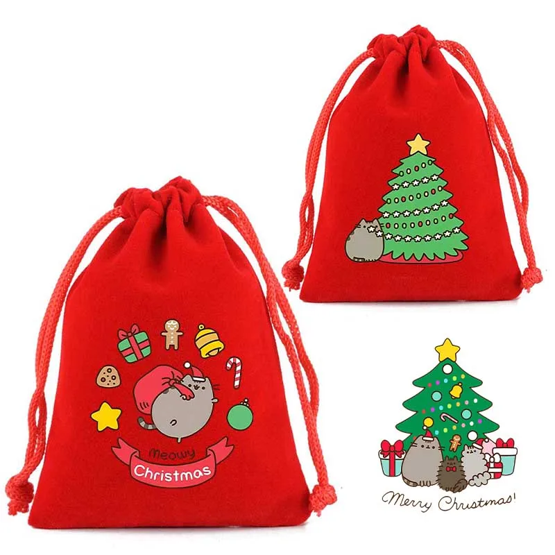 Pusheens Рождественская сумка на шнурке аниме мультяшный принт домашний кот Kawai украшение для рождественской вечеринки ручной карман подарок-сюрприз мешочек для конфет