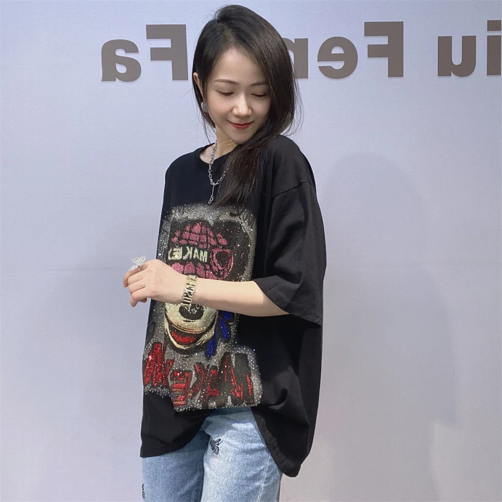 

American Heavy Industry Diamond-Studded Round Neck T-Shirt for Women Fashion Summer Loose Versatile Shiny Diamond Black Top