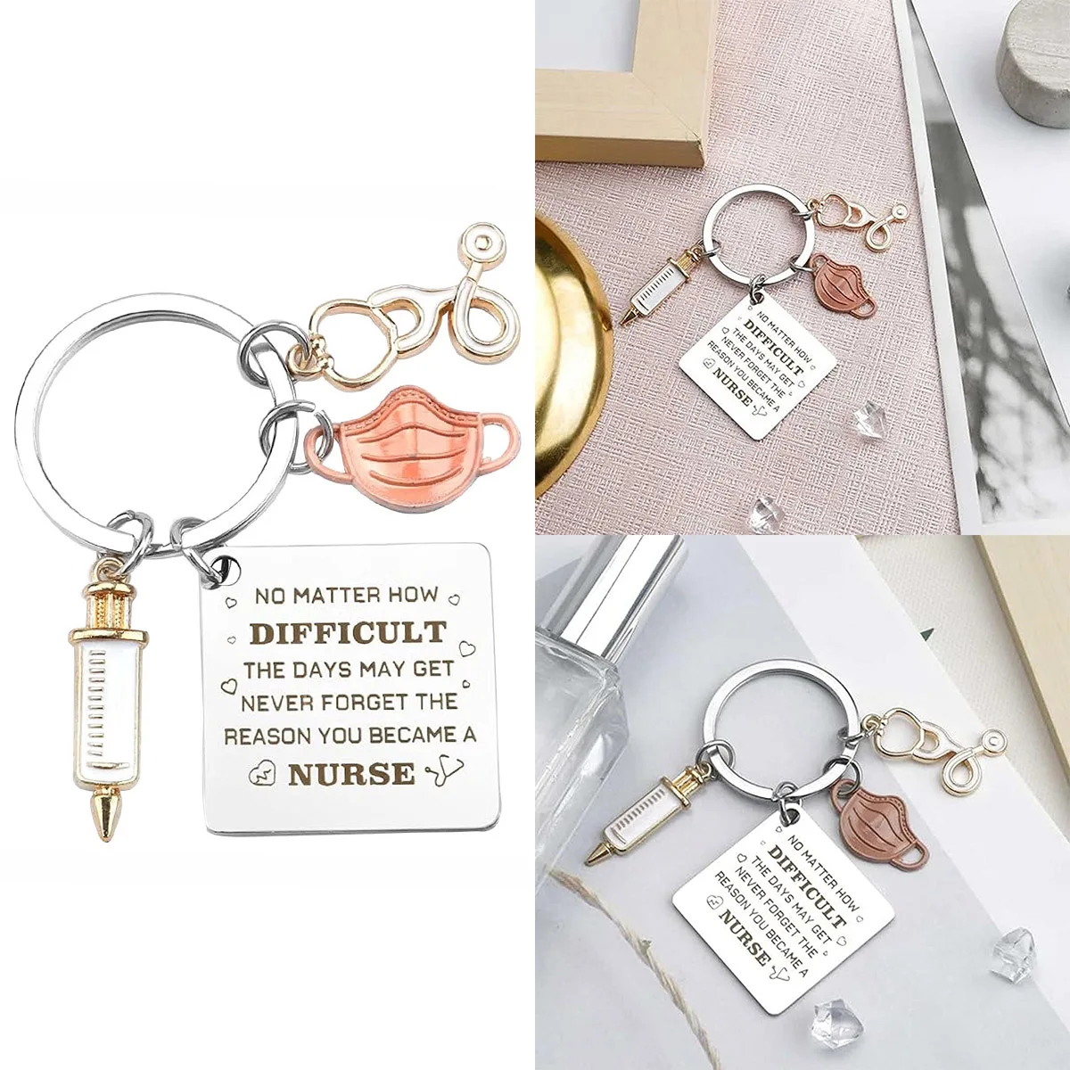 Creative Stethoscope Syringe Keychain Student Key Meal Card Hanging Decoration Stainless Steel Keychain