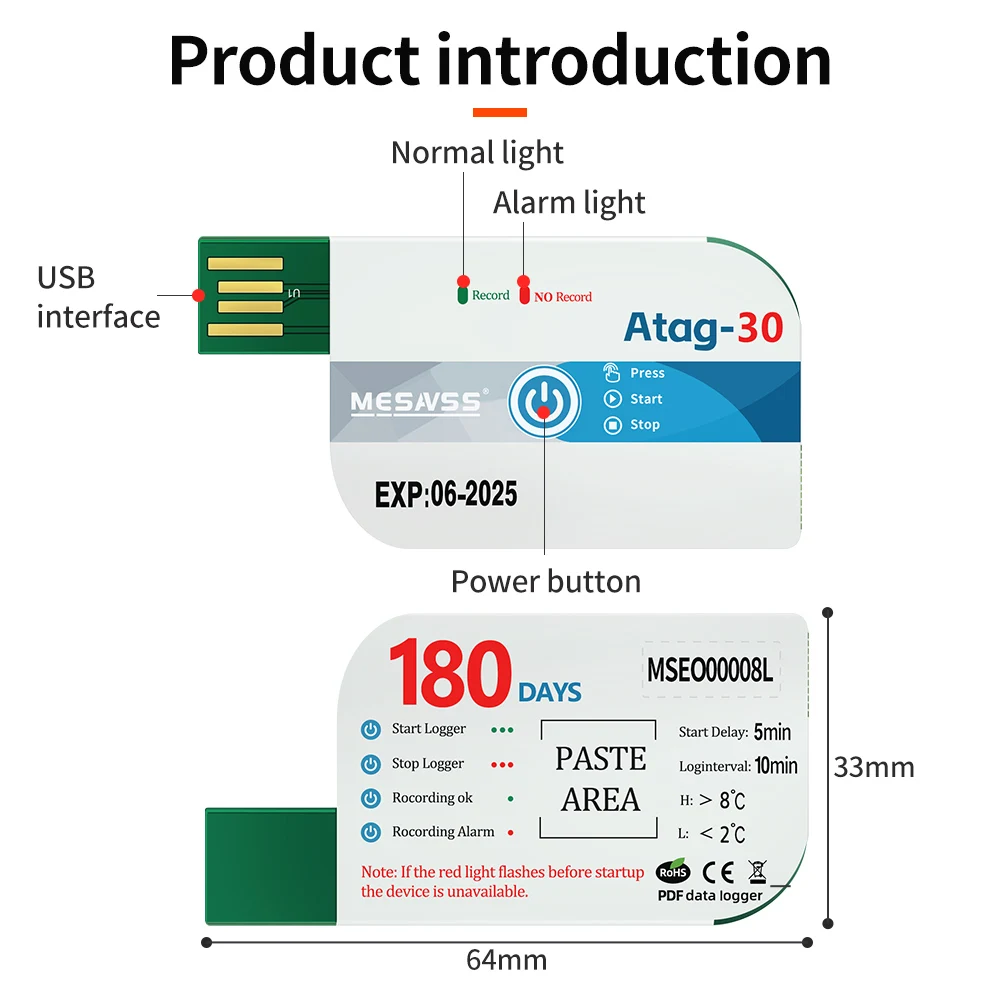 180 Days Temperature Recorder USB Temperature Data Logger with 60000 Points With App Warning Disposable For Cold Chain Transport