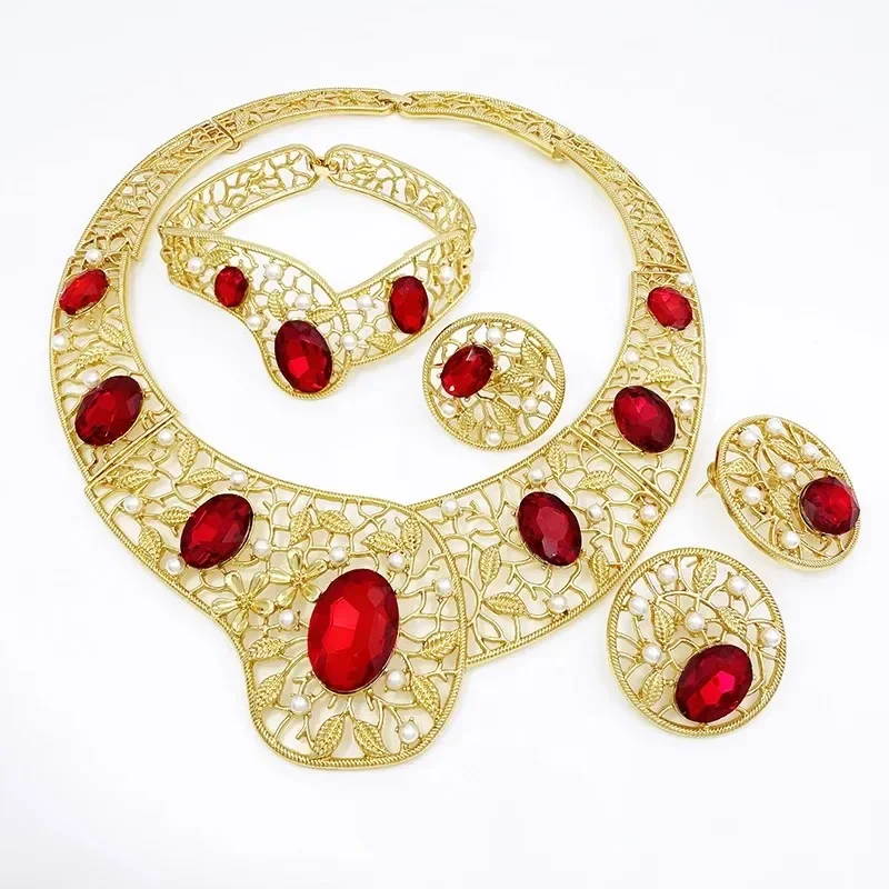Hight Quality Big Jewelry Set Luxury Red Zircon Necklace Bracelet Earring Rings African Dubai Nigeria Wedding Gifts