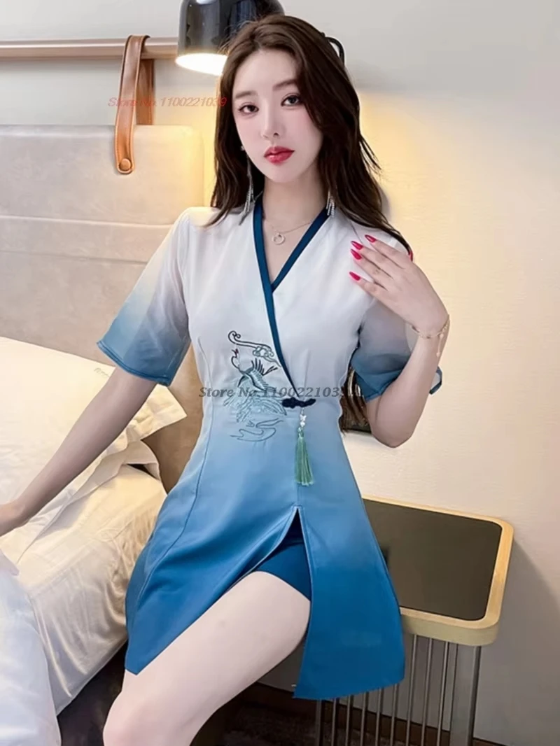 

2026 chinese nightclub dress sexy qipao improved cheongsam national gradient color qipao dress+shorts set hotel spa work dress