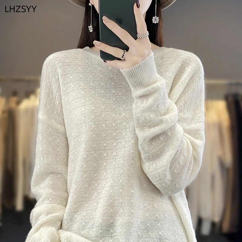 LHZSYY 2023Spring Autumn New Pure Wool Sweater Ladies O-Neck Loose Pullover Fashion Jacquard Knit Women Tops Cashmere Base Shirt