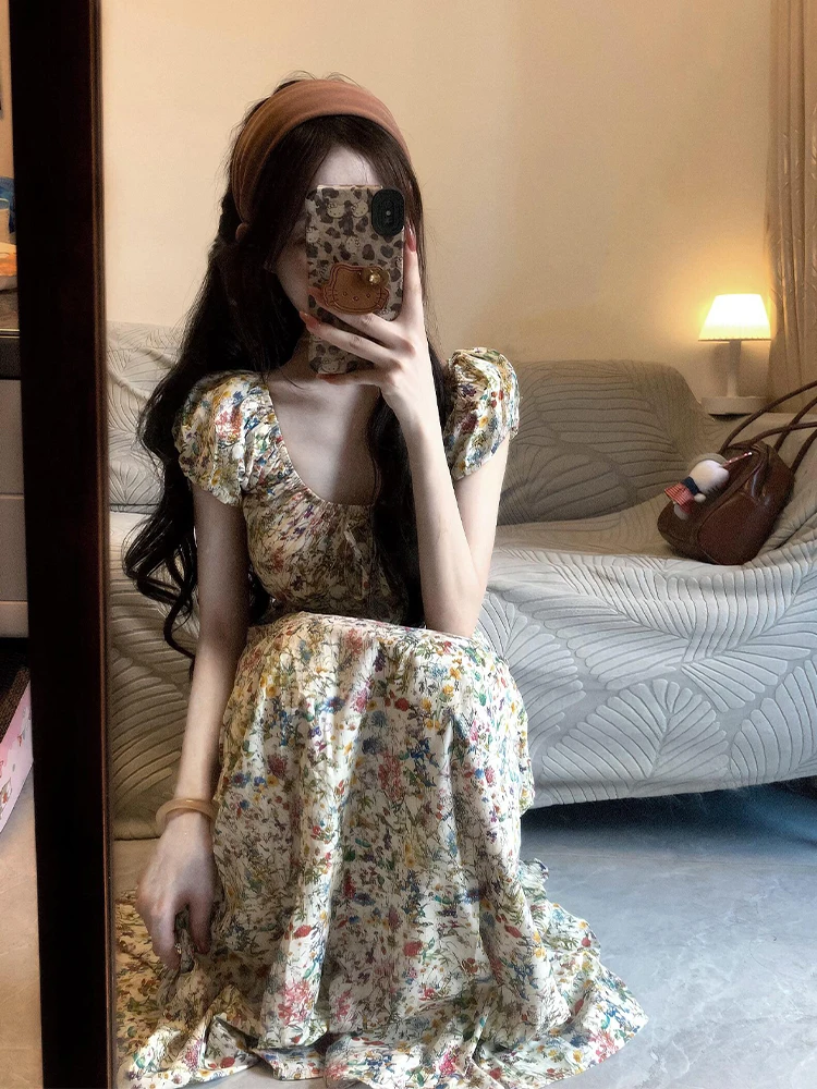 

Holiday Vacation Floral Print Loose Bubble Sleeve U-Neck Long Dress Women's Casual Elegant Wind Summer Unique Beautiful Dress