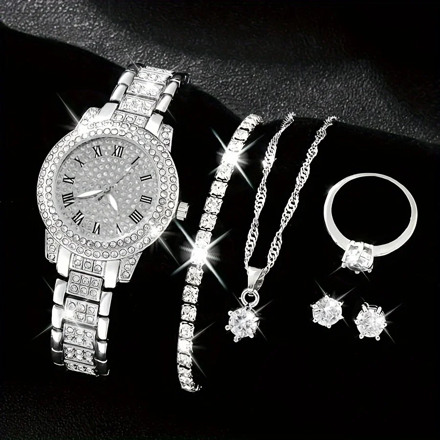 6pcs/set Women\'s Watch Luxury Rhinestone Quartz Watch Shiny Fashion Analog Wrist Watch & Jewelry Set, Gift For Mom Her