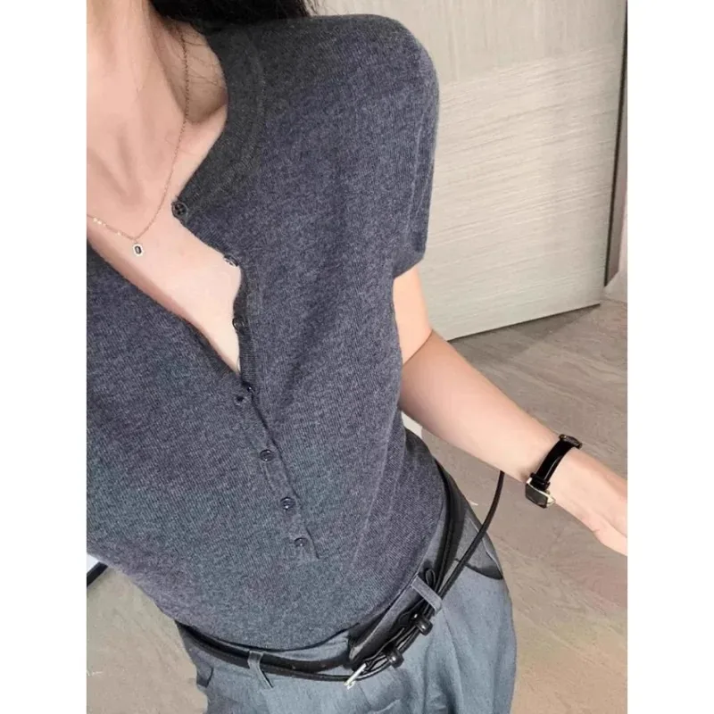 

Round Neck Semi Open Neck Slim Fit Short Sleeved Women's Summer Thin Style Solid Color Imitation Wool knitted T-Shirt Top