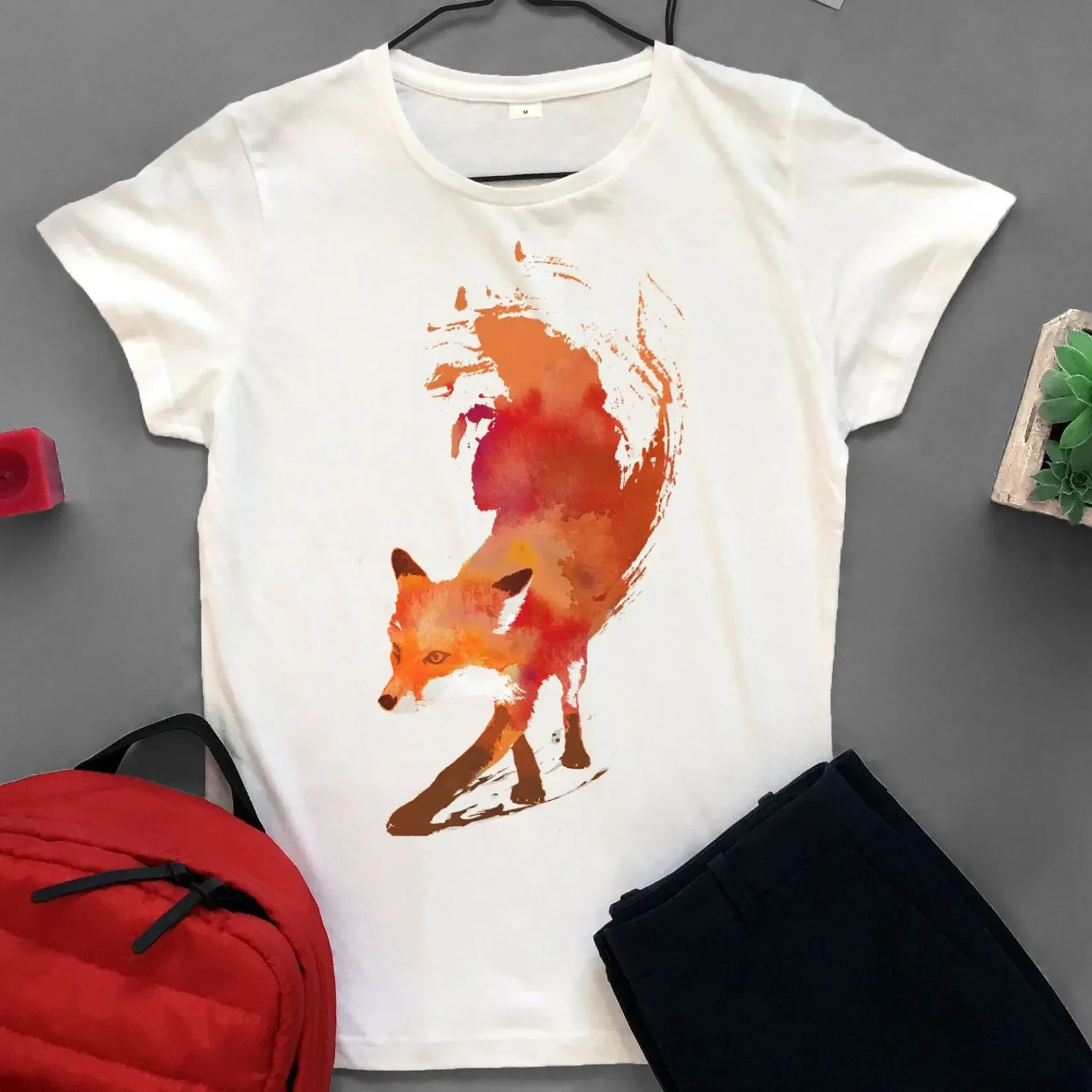 Women T Shirt Casual Ladies Basic O-collar Short Sleeved Scandinavian Fox Print Harajuku Top Women T-shirt Fashion Girl Top