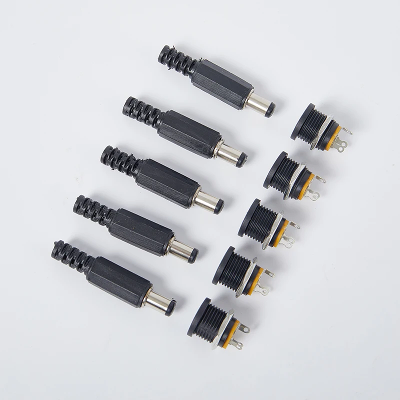 5pcs Male Plugs+5pcs DC022 Socket Female Jack Screw Nut Panel Mount Connector 5.5*2.1mm DC 12V  Black