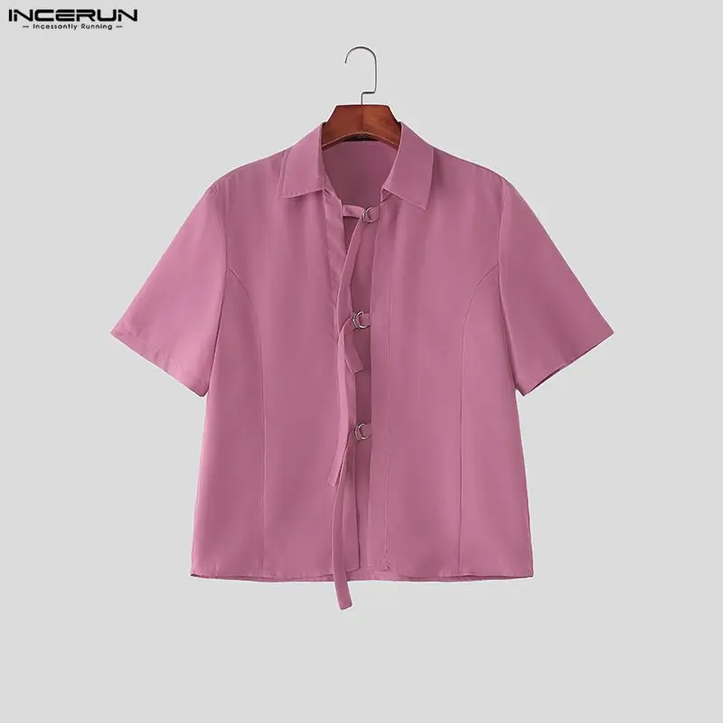 

INCERUN Men Shirt Solid Color Lapel Short Sleeve Hollow Out Men Clothes Summer Sexy Streetwear Fashion Tops For Man Camisa 2026