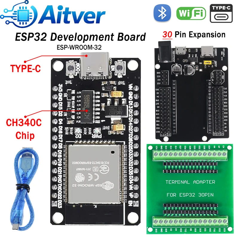 ESP32 DevKitC 30PIN Type C Development Board with Expansion Board and USB Cable for Arduino ESP32 DIY Projects