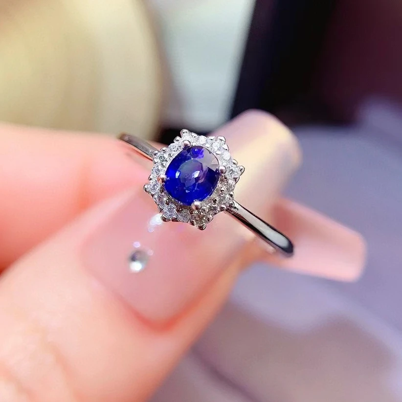 

Deep Blue Natural Sapphire Ring for Engagement 4mm*5mm 0.4ct Sapphire Silver Ring with 18K Gold Plated