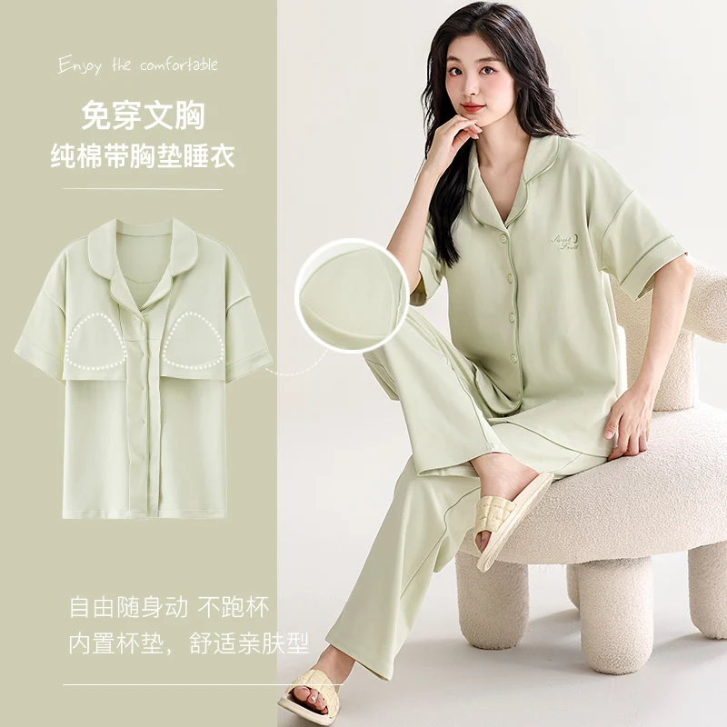 Newest Summer Short Sleeve Sleepwear With Chest Pad 100%Cotton Women Pajamas Set Female Turn-down Collar Pijamas Mujer