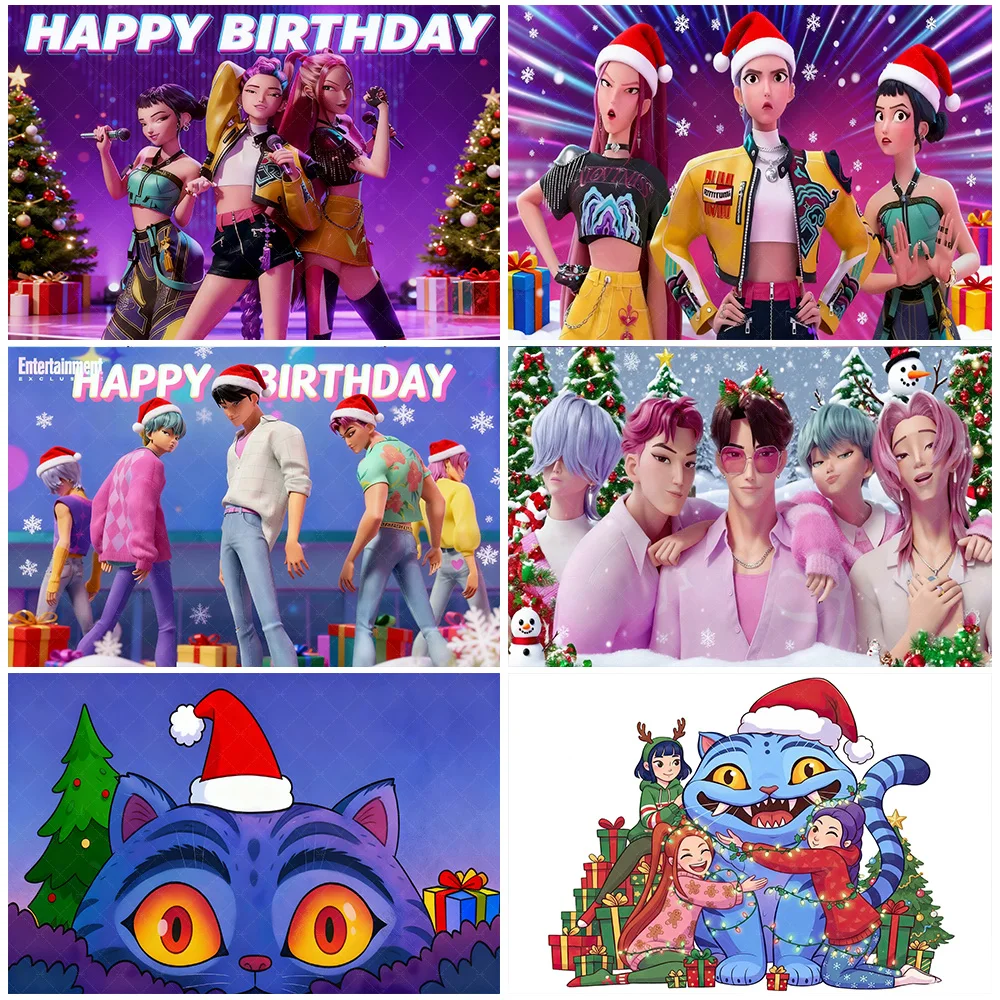 

Popular Movie‌ HUNTR/X‌ KPop Demon Hunters‌ Christmas Theme Backdrop Xmas Snowman Party Decor Art Banner Baby Shower Supplies